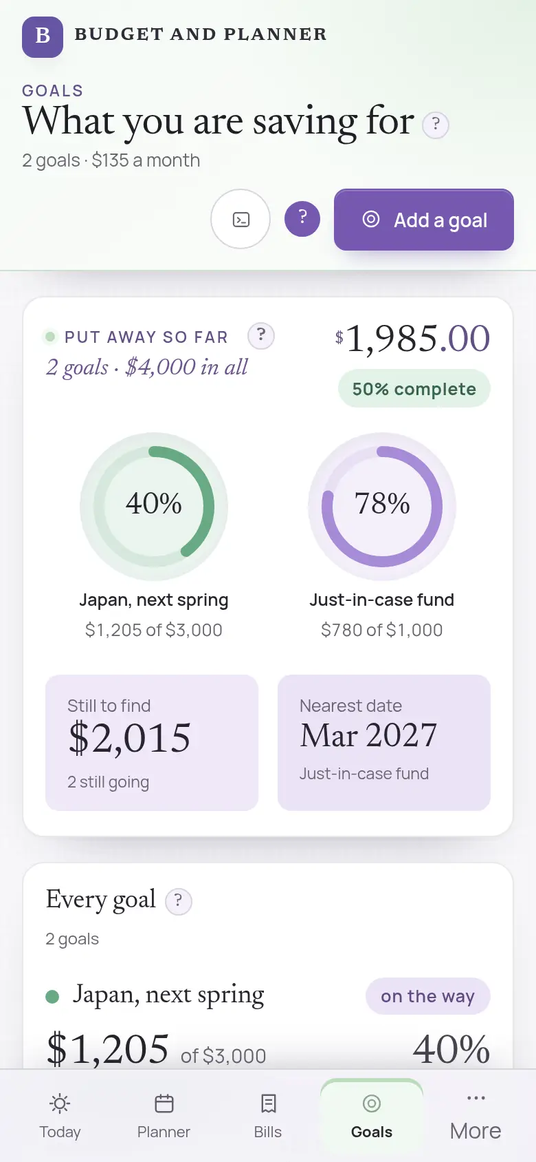 Goals screen of ADHD Budget and Planner on a phone, with two example savings goals.