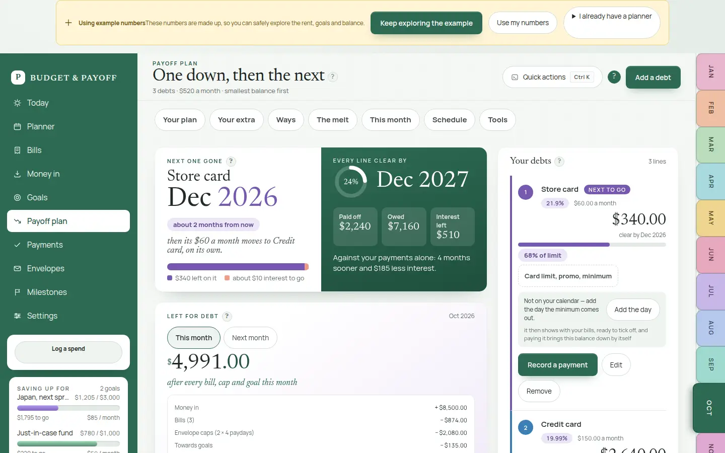 Payoff plan in Budget and Payoff. Example debts and a debt-free date of June 2028.