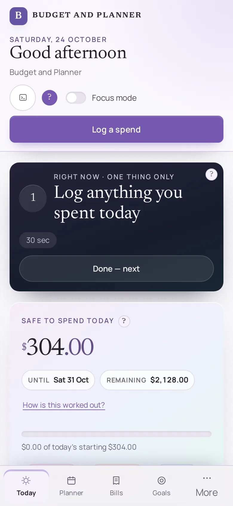 Today screen of ADHD Budget and Planner on a phone. Example numbers, safe to spend $304.00.